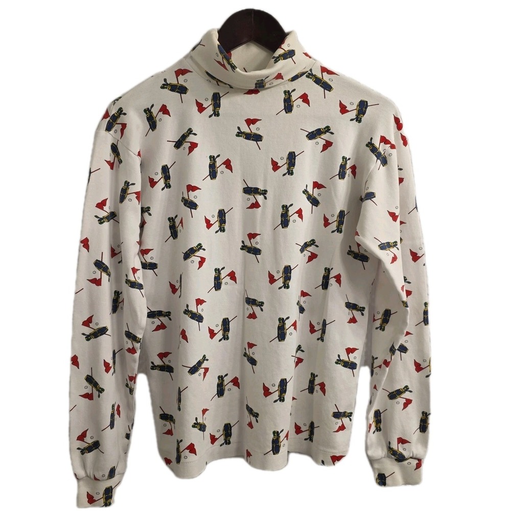 Vintage Mock Neck‎ Turtleneck Fun Golf  Print Women White Size Small Stretchy